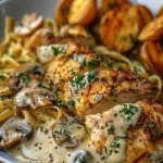 Creamy Mushroom Garlic Chicken Alfredo & Hot Honey Roasted Potatoes