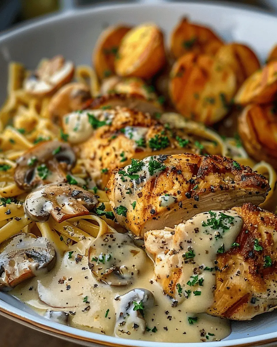 Creamy Mushroom Garlic Chicken Alfredo with Hot Honey Roasted Potatoes