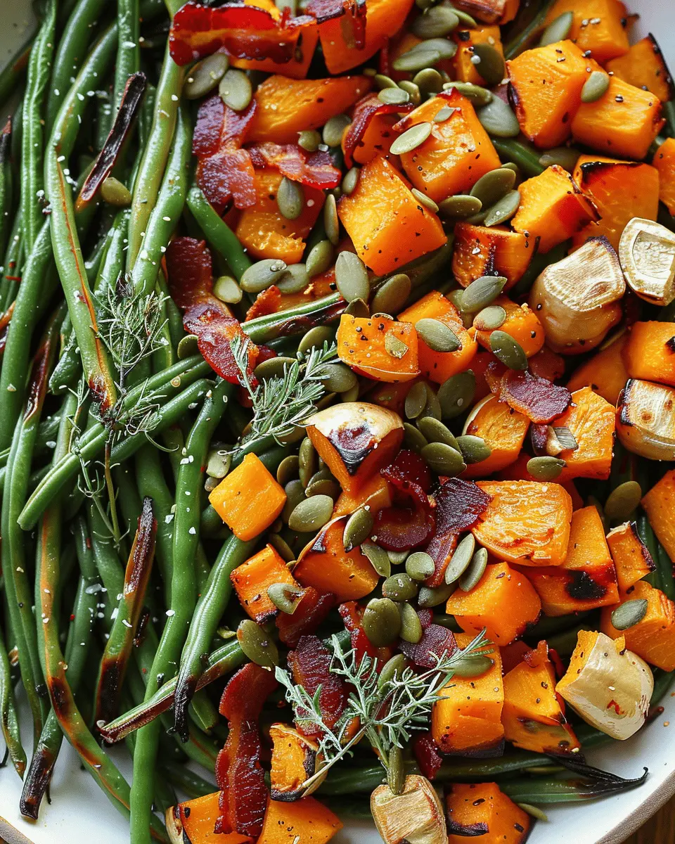 Thanksgiving Roasted Veggies: Delicious Green Beans &amp; Butternut Squash with Turkey Bacon and Pumpkin Seeds