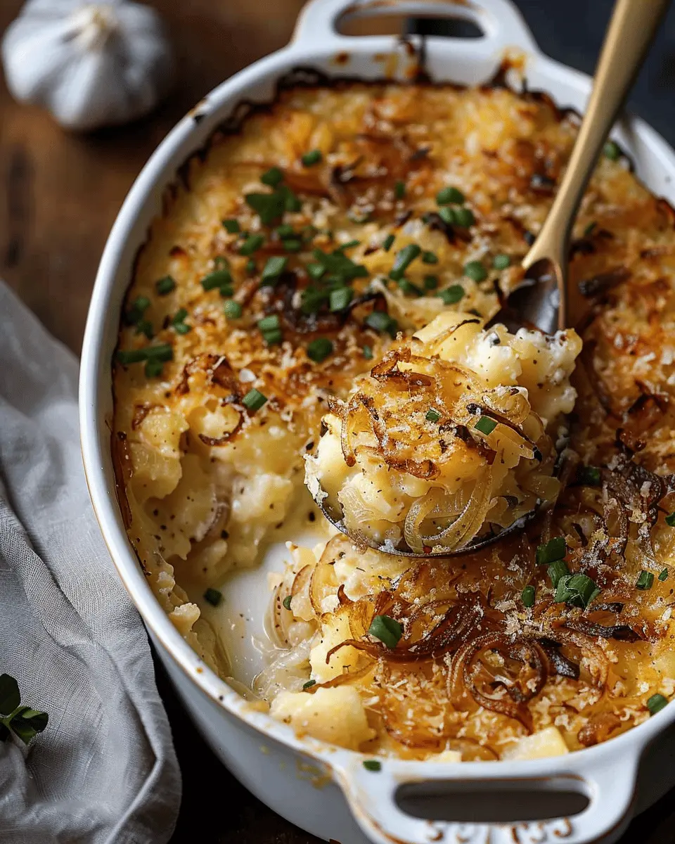 French Onion Funeral Potatoes with Turkey Bacon and Chicken Ham