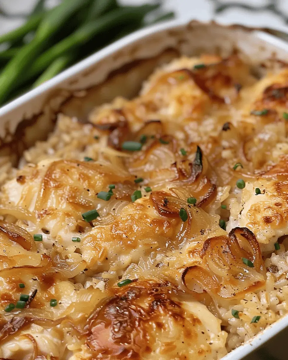 French Onion Chicken and Rice Bake with Turkey Bacon Delight