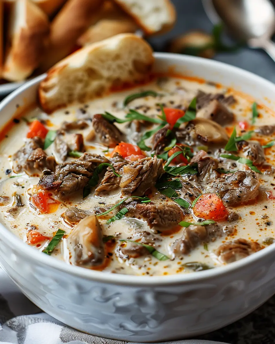 Creamy Philly Cheese Steak Soup Recipe with Turkey Bacon Delight
