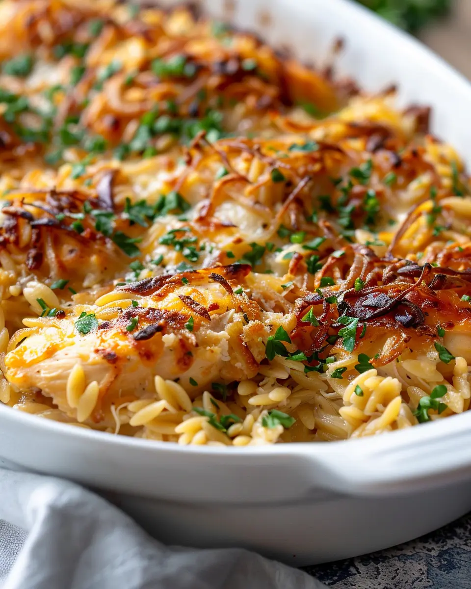 French Onion Chicken Orzo Casserole with Turkey Bacon Delight