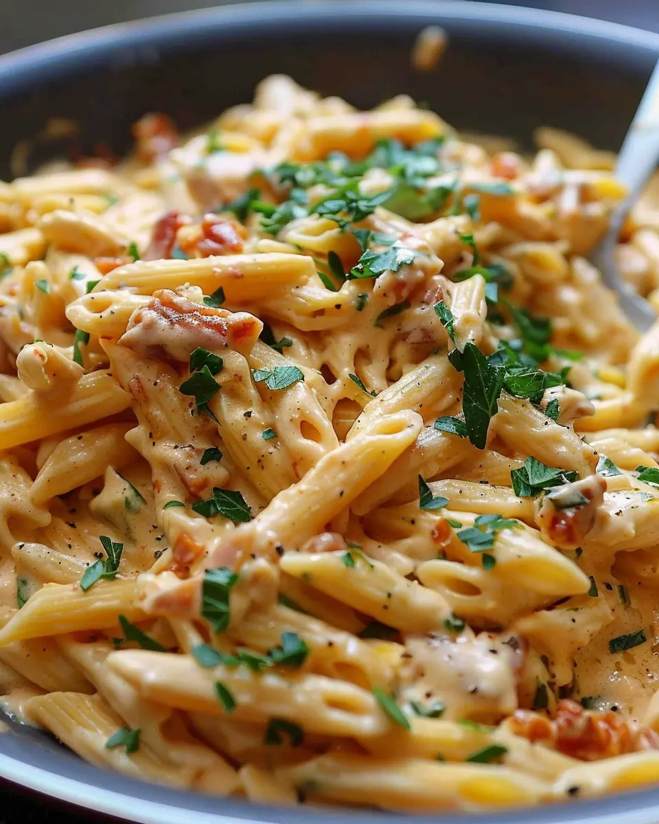 Amazing 1-Pot Creamy Tuscan Pasta Joy with Turkey Bacon and Chicken Ham