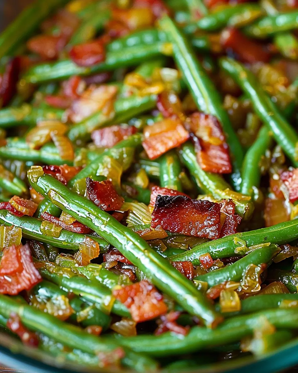 Smothered Green Beans with Turkey Bacon and Chicken Ham Delight