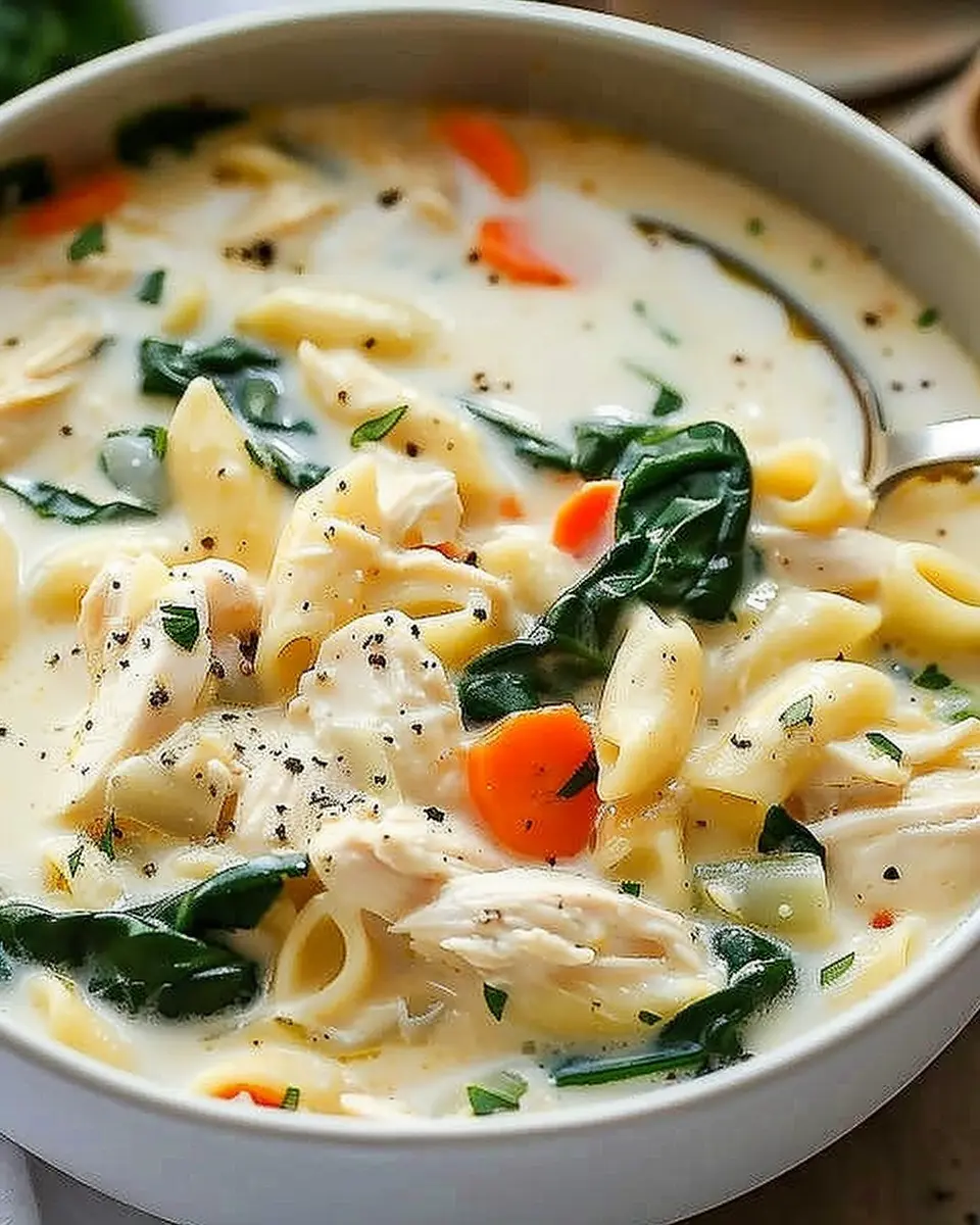 Creamy Chicken Soup: Easy Pasta and Spinach Delight to Savor