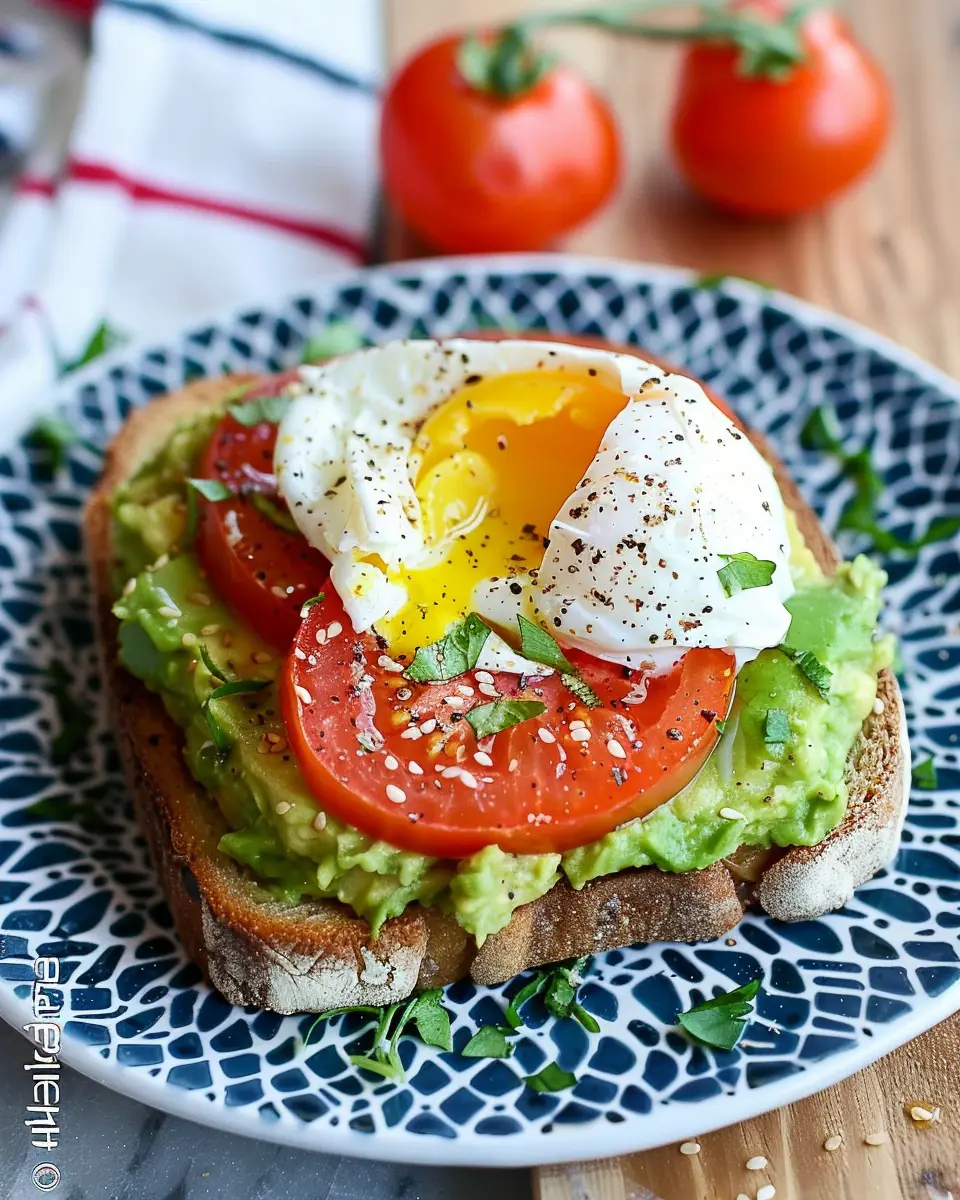 Breakfast Smashed Avocado Tomato Toast with Fried Poached Egg Delight