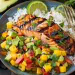 Grilled Lime Salmon with Avocado-Mango Salsa and Coconut Rice