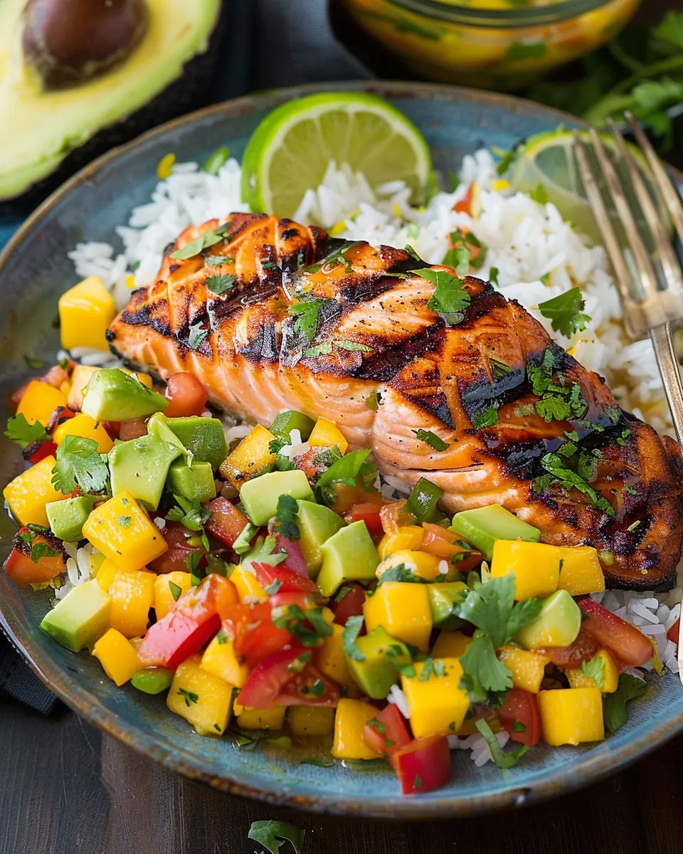 Grilled Lime Salmon: A Juicy Delight with Avocado-Mango Salsa and Coconut Rice