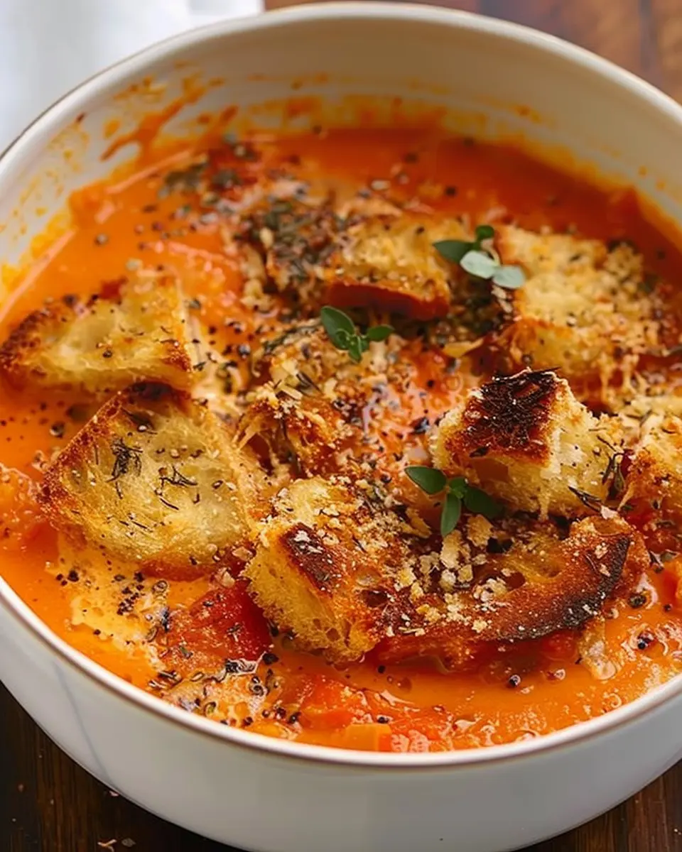 Roasted Tomato Soup with Cheesy Crouton Topper: The Best Comfort Food
